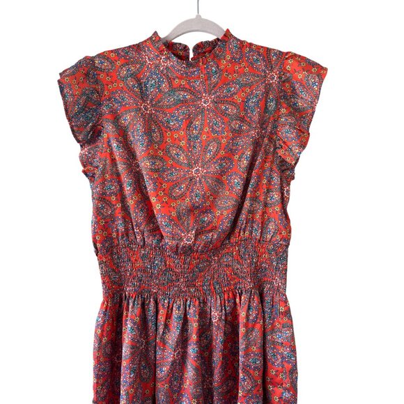 THML Womens Satin Red Paisley Floral Print Smocked Waist Dress Size L - Picture 3 of 11
